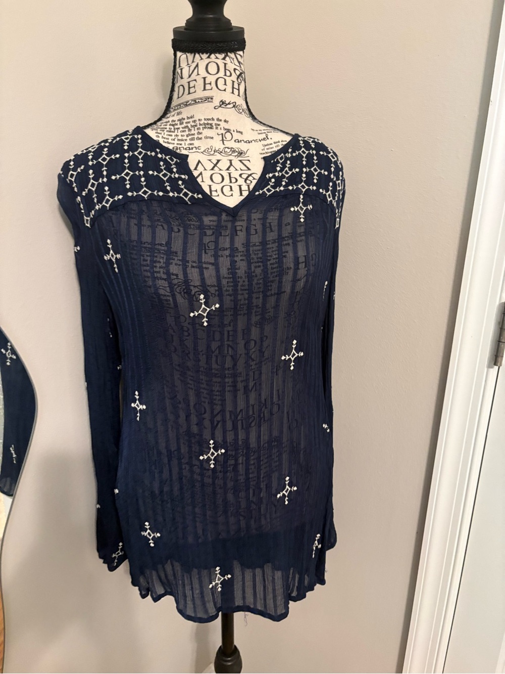 Lucky Brand Navy Sheer Embroidered Long-Sleeve Top